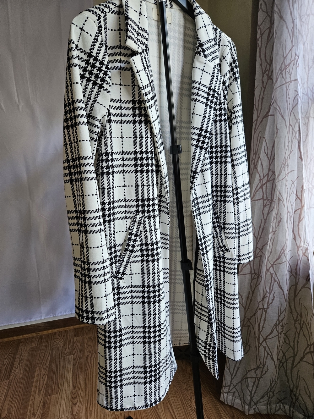 MELLODAY Black White Plaid Open Front Longline Jacket Coat - Picture 2 of 16